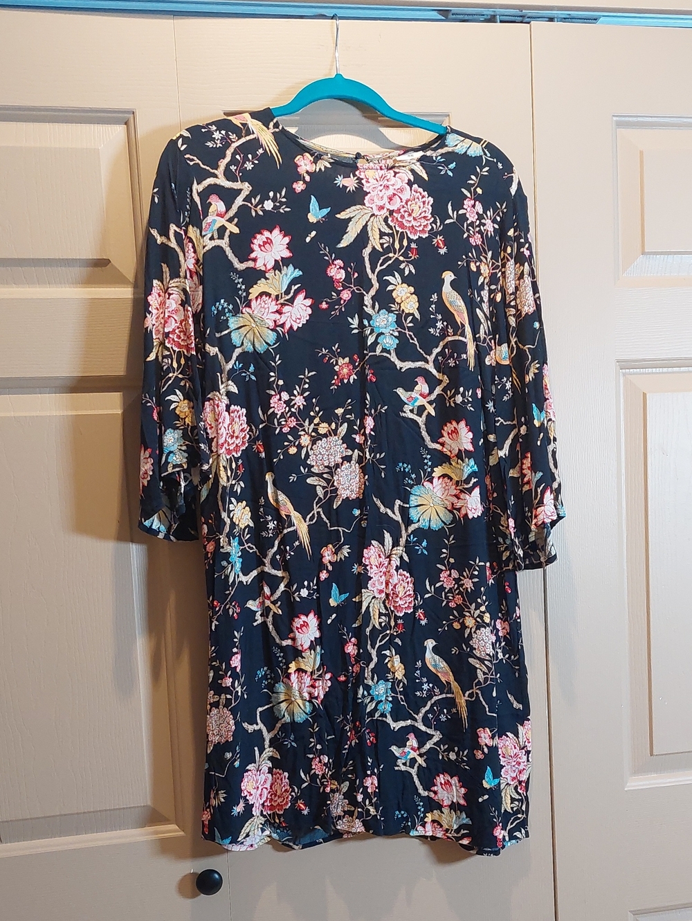 H&M Black Floral Midi Dress with Pink & Blue Accents